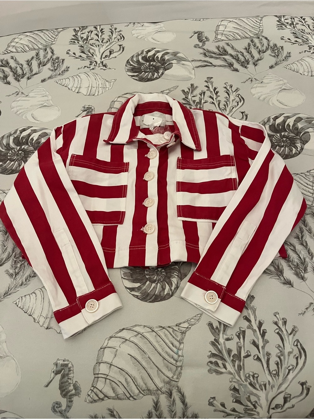 NWT English Factory Red & White Striped Cropped Denim Jacket
